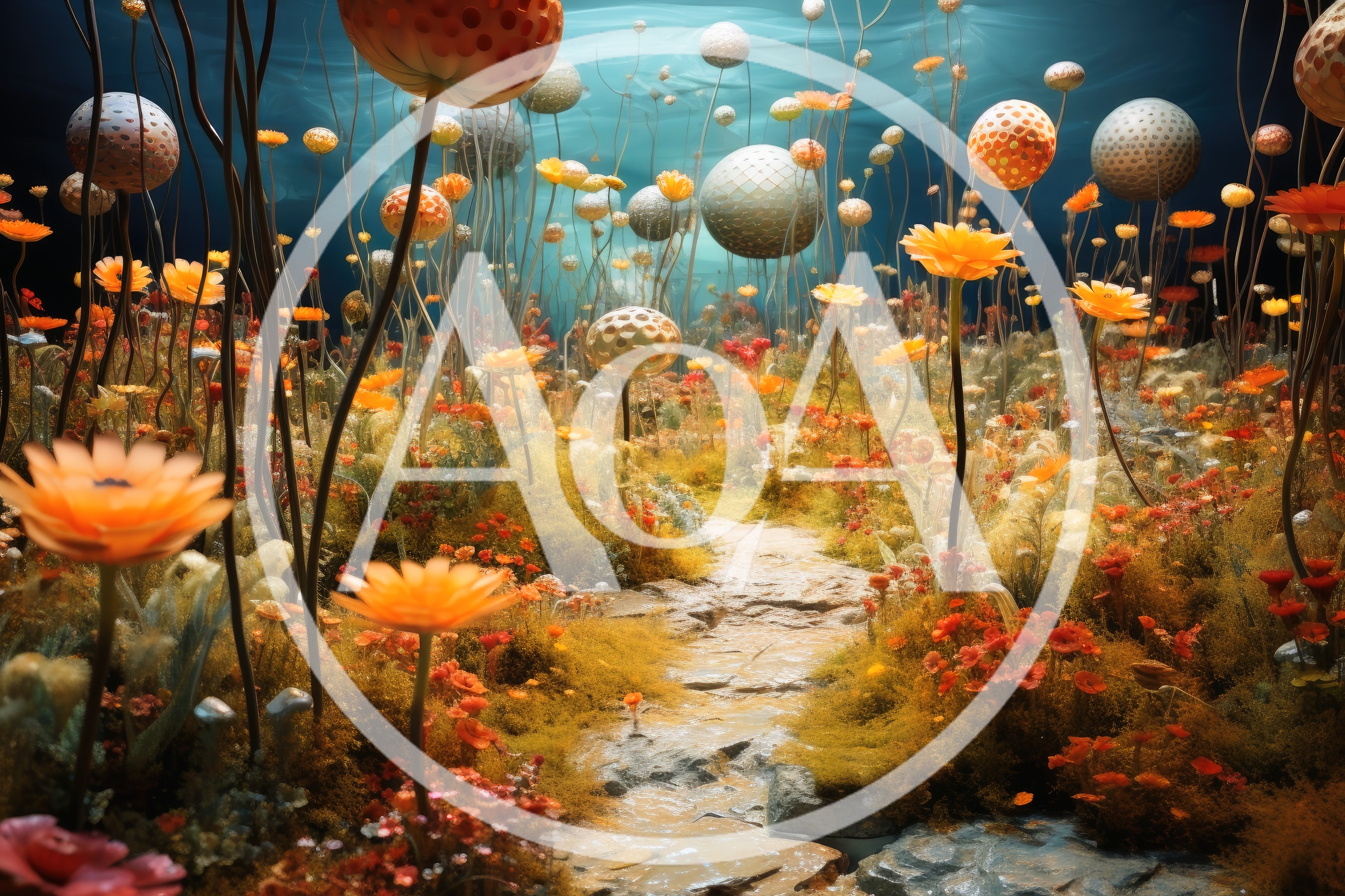 Surreal Underwater Garden With Glowing Spheres And Flowers