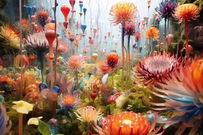 Whimsical Glass Sculpture Garden With Vibrant Floral Art