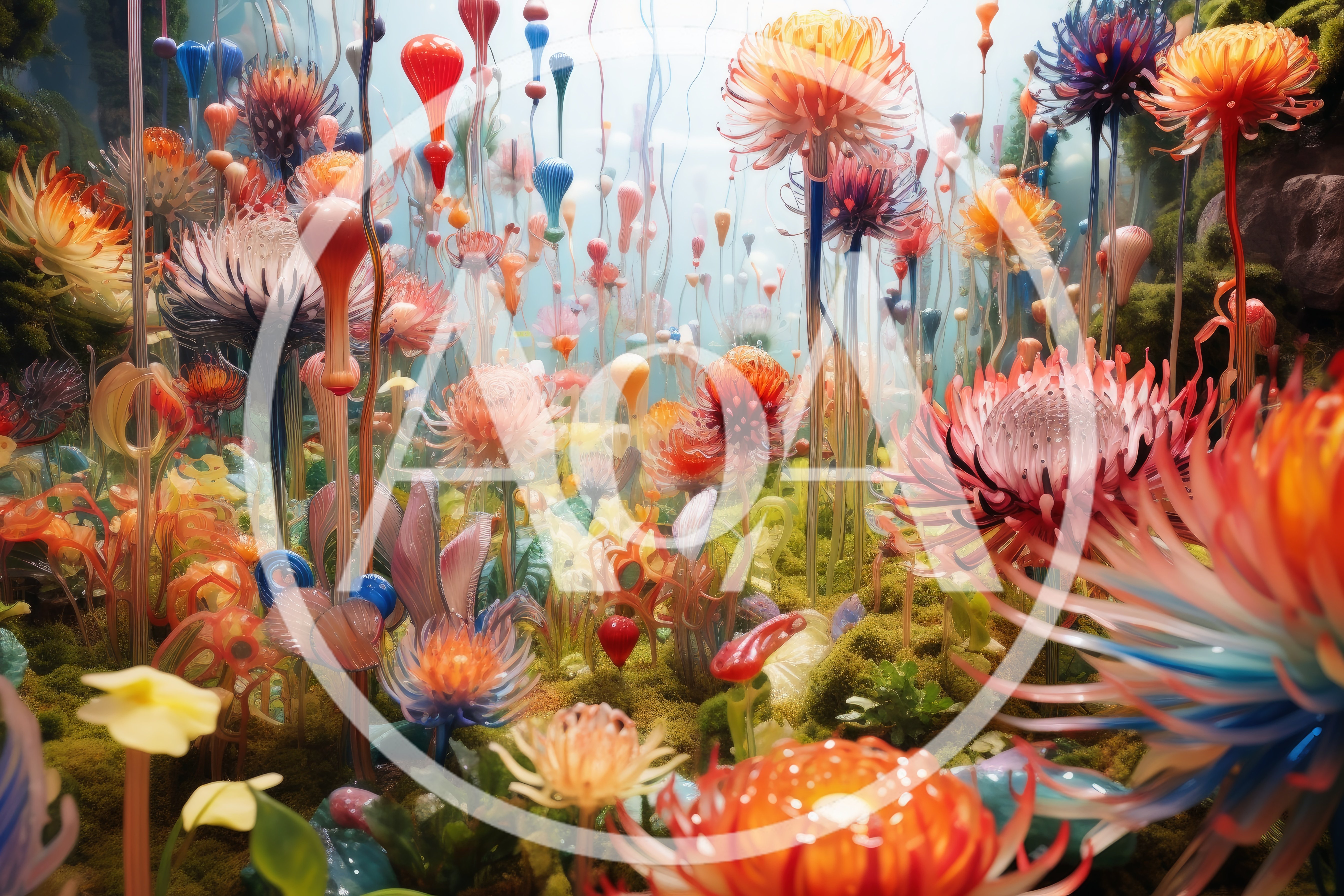 Whimsical Glass Sculpture Garden With Vibrant Floral Art