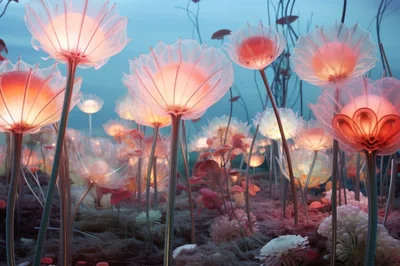 Glowing Translucent Fantasy Flowers In A Dreamy Landscape