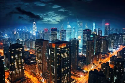 Aerial View Of A Modern Metropolitan Cityscape At Night