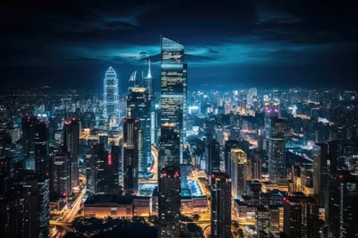 Aerial View of Modern City Skyline at Night