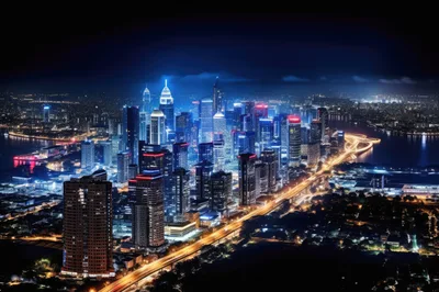 Aerial Night View Of A Modern Metropolitan City Skyline