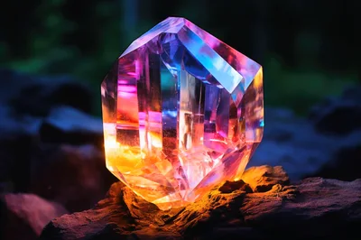 Glowing Iridescent Crystal Resting On Dark Volcanic Rock