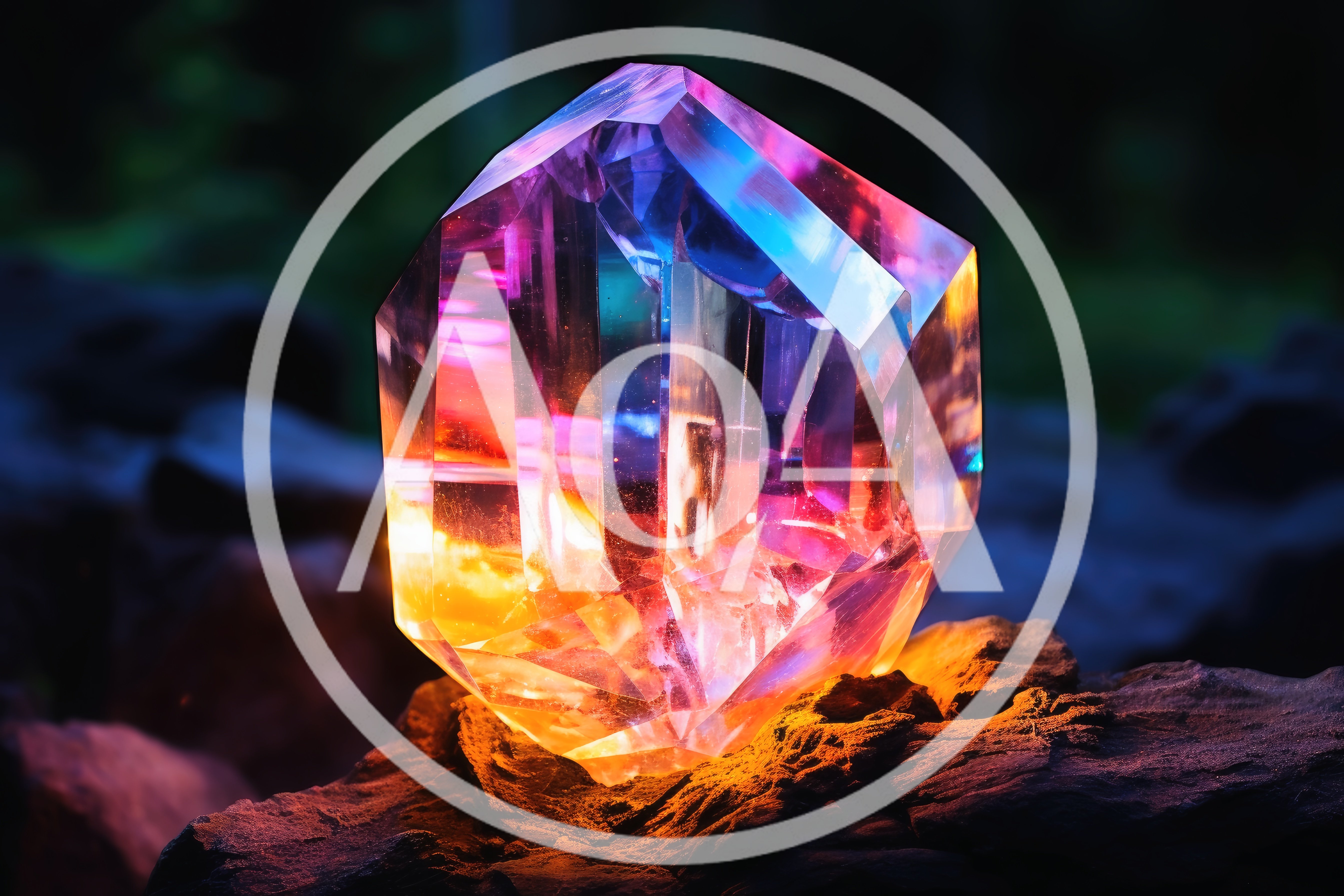 Glowing Iridescent Crystal Resting On Dark Volcanic Rock