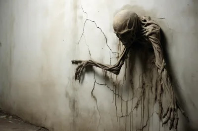 Creepy Skeletal Creature Emerging From A Cracked Wall