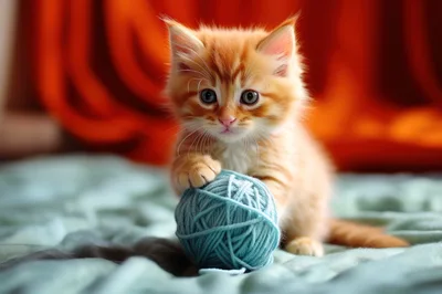 Adorable Fluffy Ginger Kitten Playing With Blue Yarn