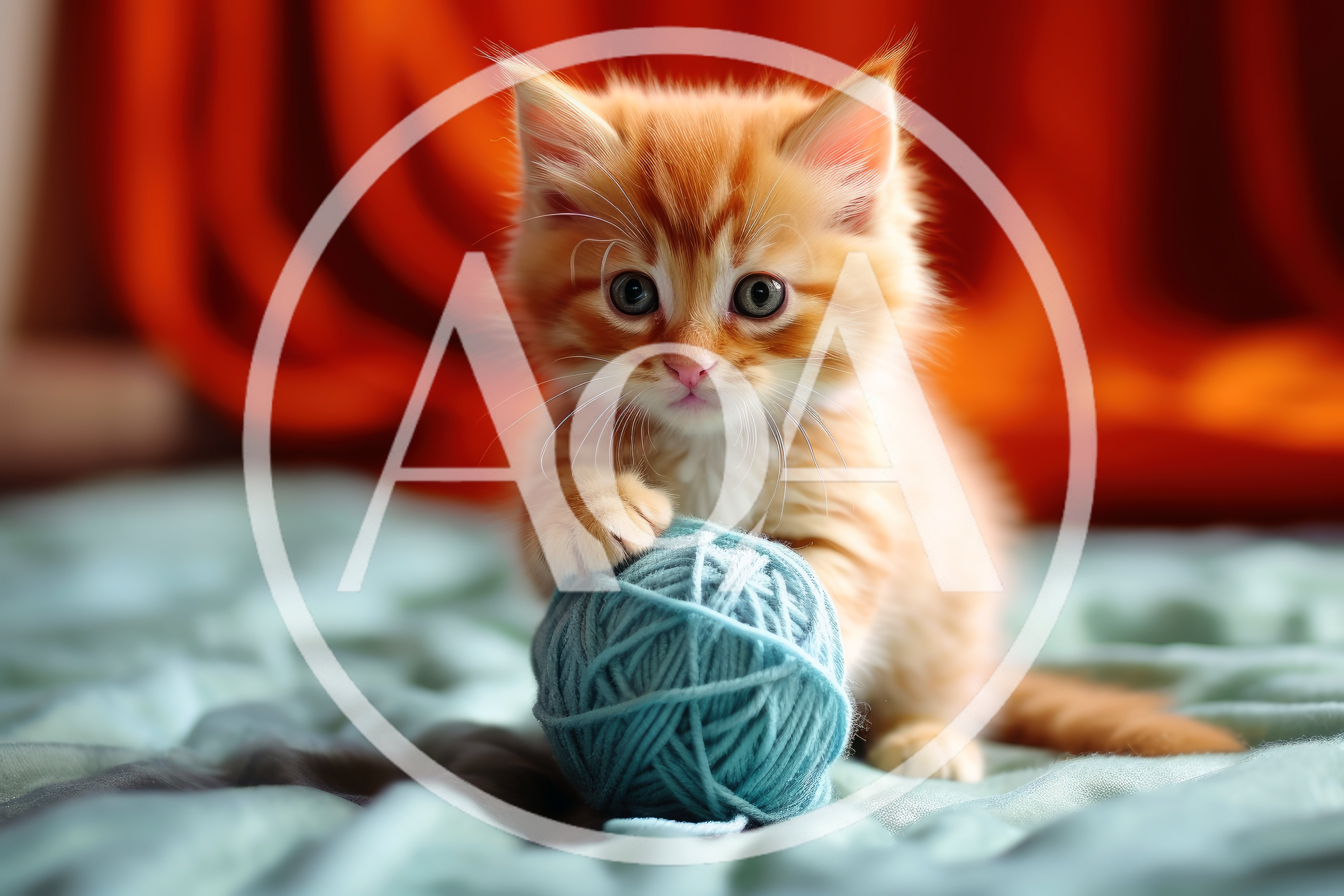 Adorable Fluffy Ginger Kitten Playing With Blue Yarn