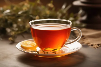 Glass Cup Of Hot Tea With Lemon Slice