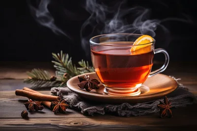 Steaming Cup Of Hot Tea With Spices And Lemon