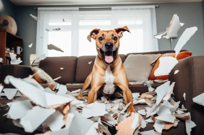 Excited Dog Sitting Amidst Shredded Sofa Cushion Foam