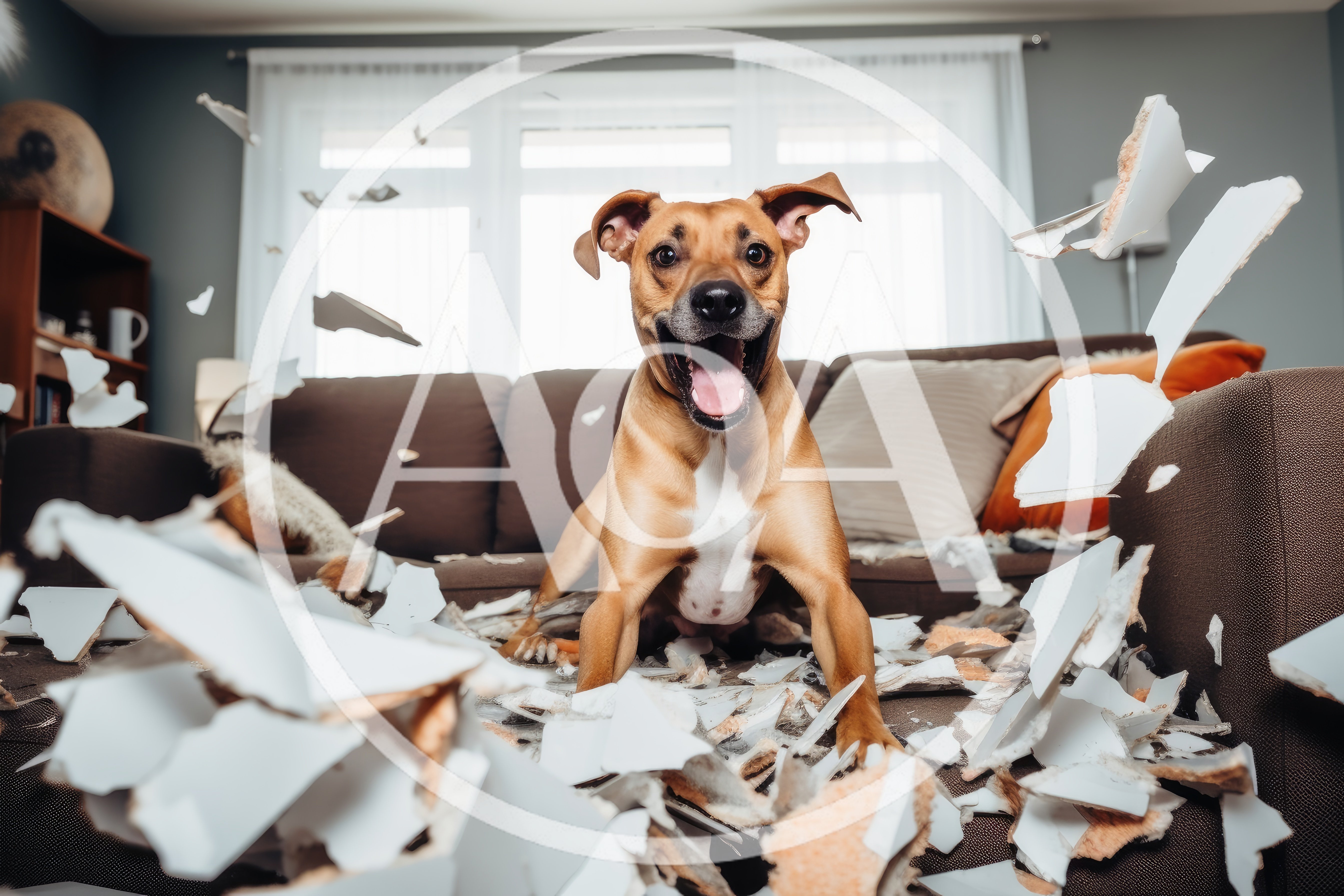 Excited Dog Sitting Amidst Shredded Sofa Cushion Foam
