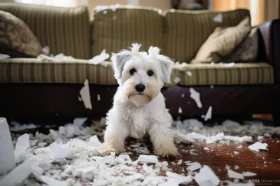 White Terrier Puppy Sitting Amidst Shredded Paper Mess