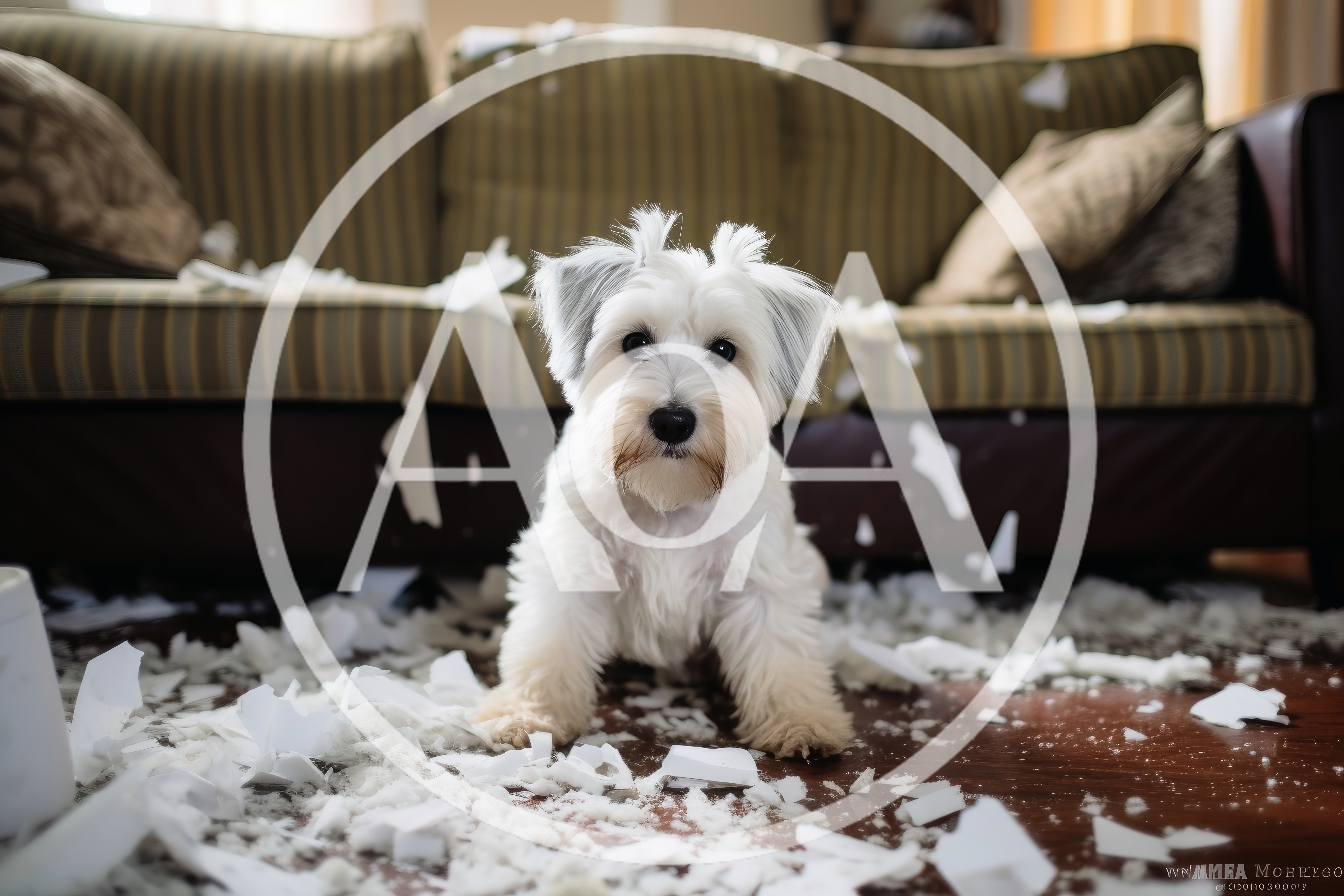 White Terrier Puppy Sitting Amidst Shredded Paper Mess