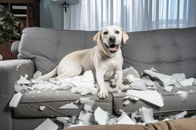 Yellow Labrador Retriever Sitting On Destroyed Sofa
