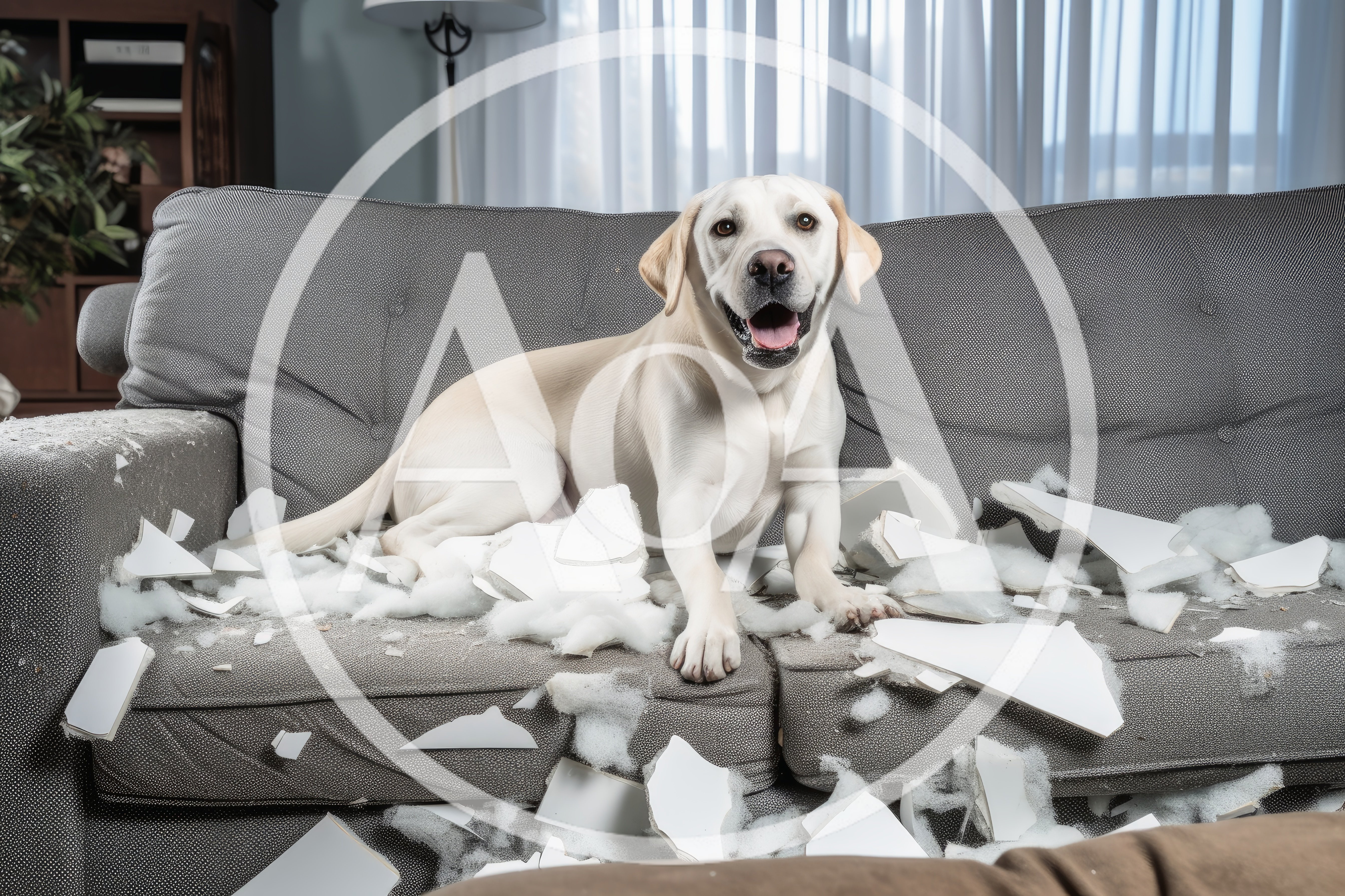 Yellow Labrador Retriever Sitting On Destroyed Sofa