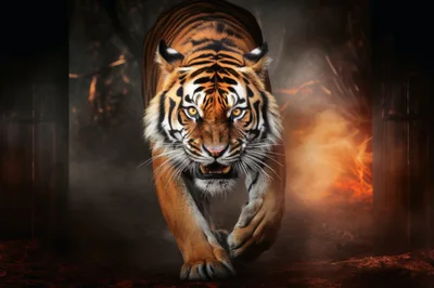 Majestic Tiger Walking Through Dark Smoky Environment