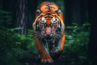Majestic Tiger Walking Through A Dense Green Forest