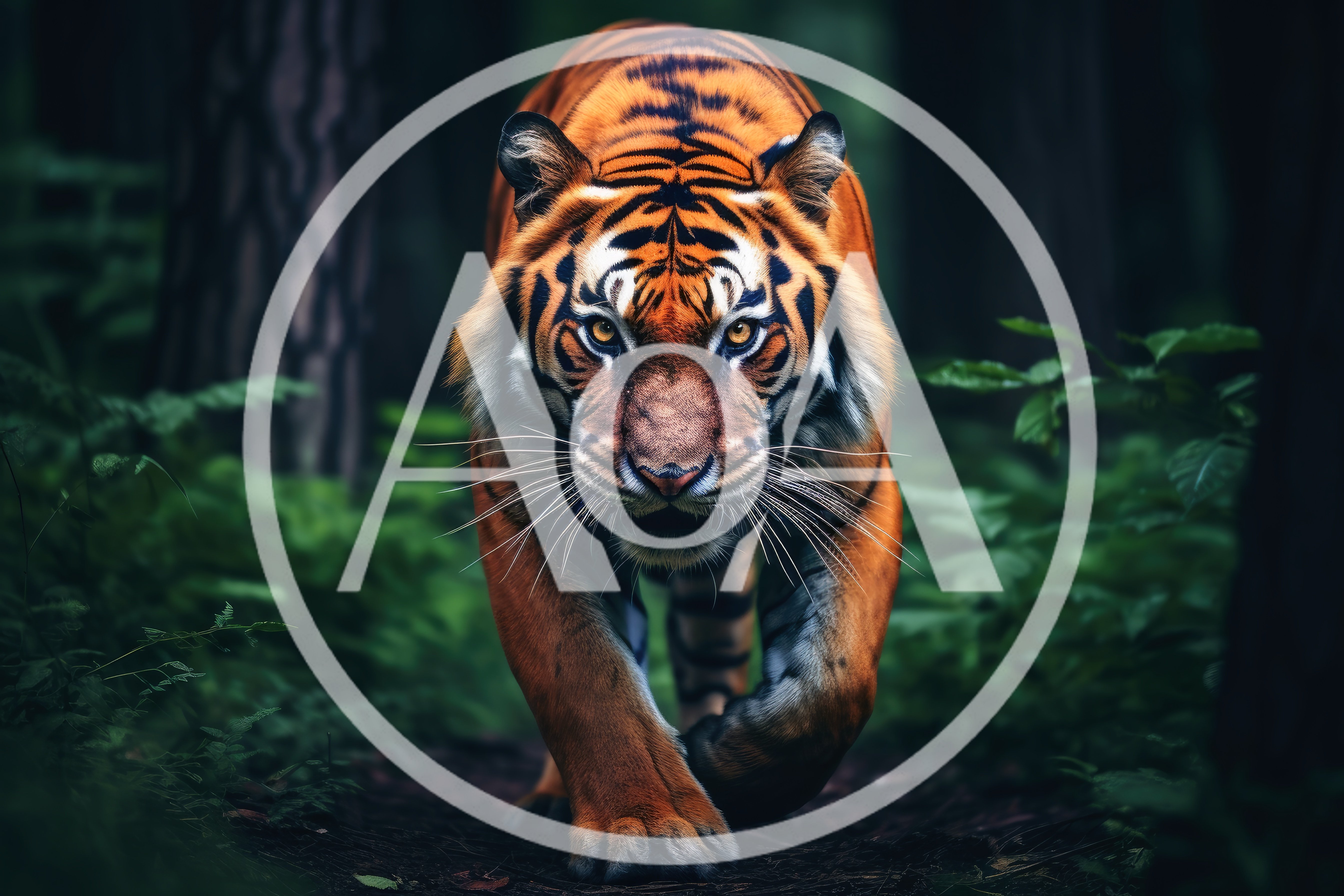 Majestic Tiger Walking Through A Dense Green Forest