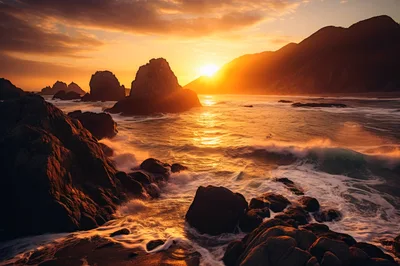 Golden Sunset Over Rugged Coastal Sea Stacks