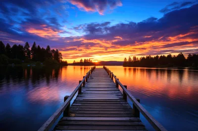 Wooden Pier Extending Into A Calm Lake At Sunset