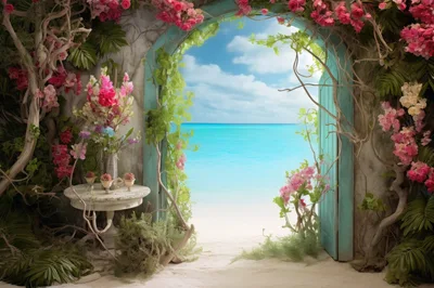 Open Doorway To Tropical Beach With Floral Decor