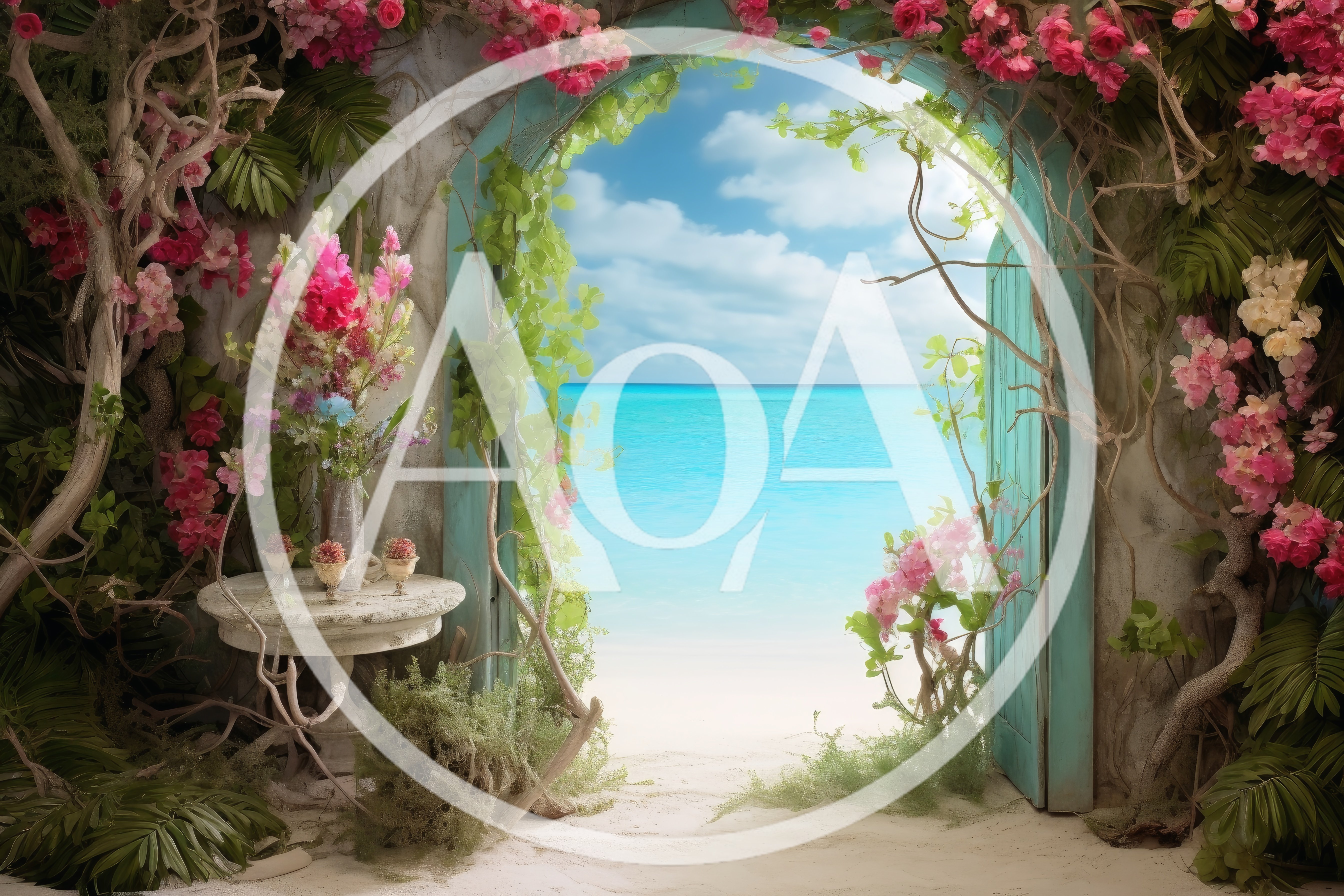 Open Doorway To Tropical Beach With Floral Decor