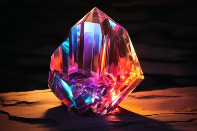 Iridescent Multi-Colored Crystal Gemstone On Dark Stone Surface