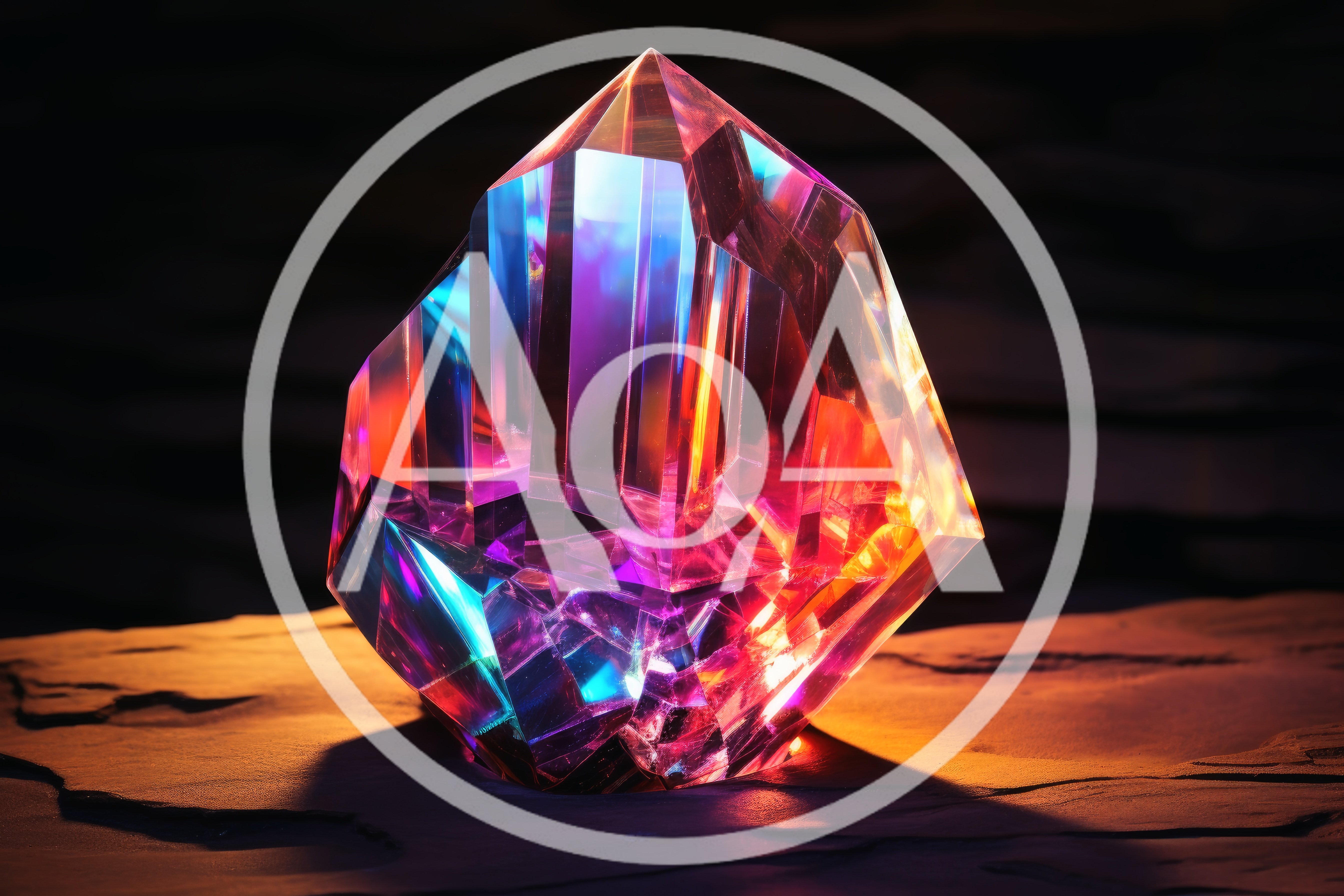 Iridescent Multi-Colored Crystal Gemstone On Dark Stone Surface