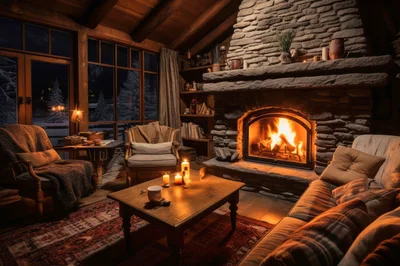 Cozy Rustic Living Room With Stone Fireplace At Night