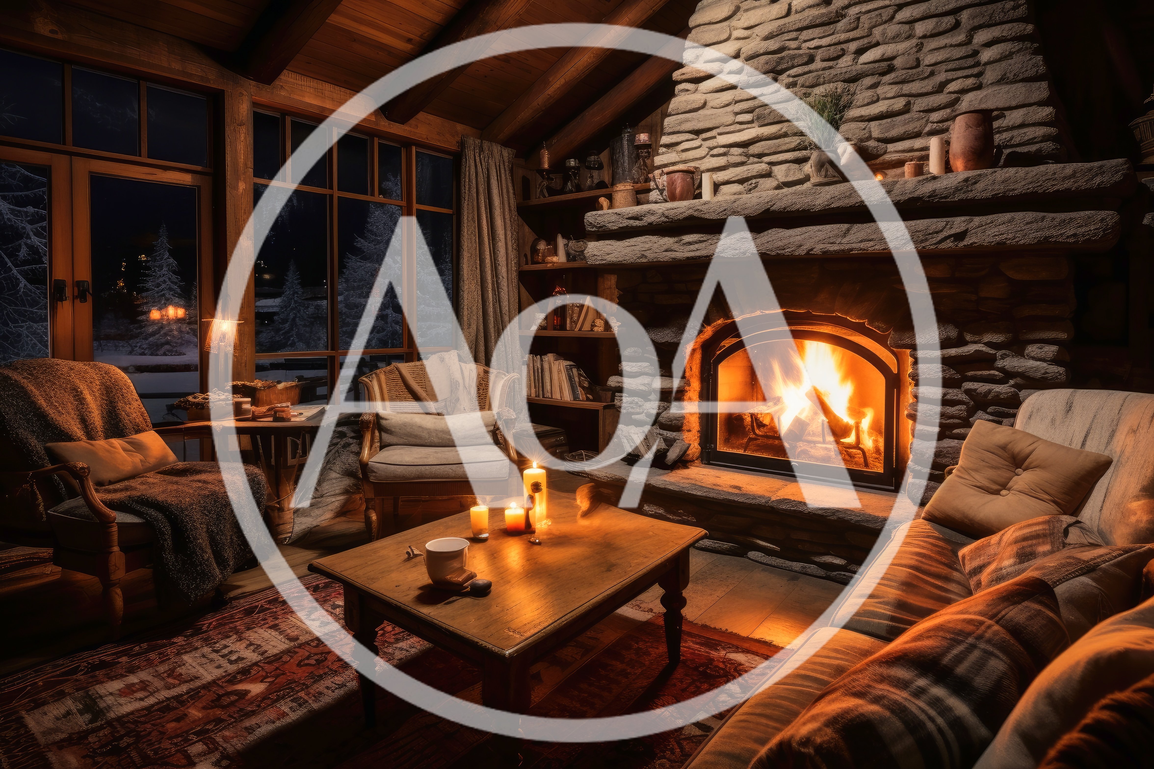 Cozy Rustic Living Room With Stone Fireplace At Night