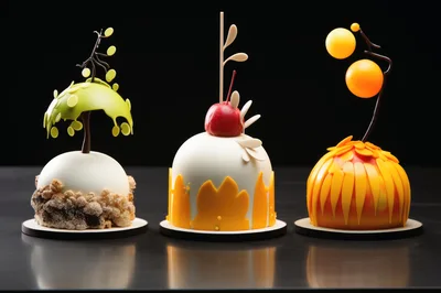 Three Artistic Gourmet Pastry Desserts On Display