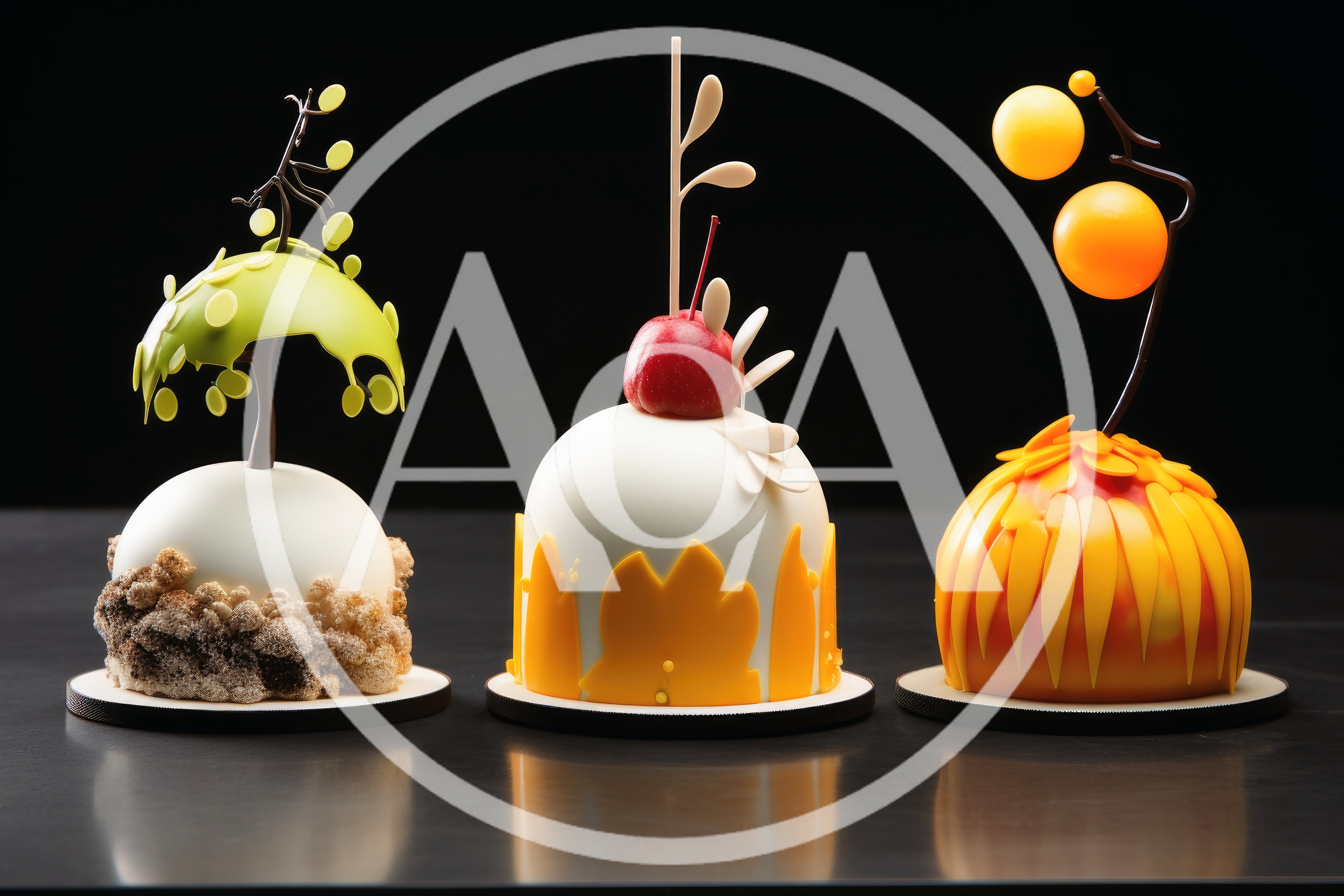 Three Artistic Gourmet Pastry Desserts On Display