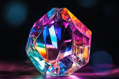 Iridescent Faceted Crystal Gemstone On Dark Surface