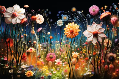 Surreal Digital Illustration Of Whimsical Glowing Garden Flowers