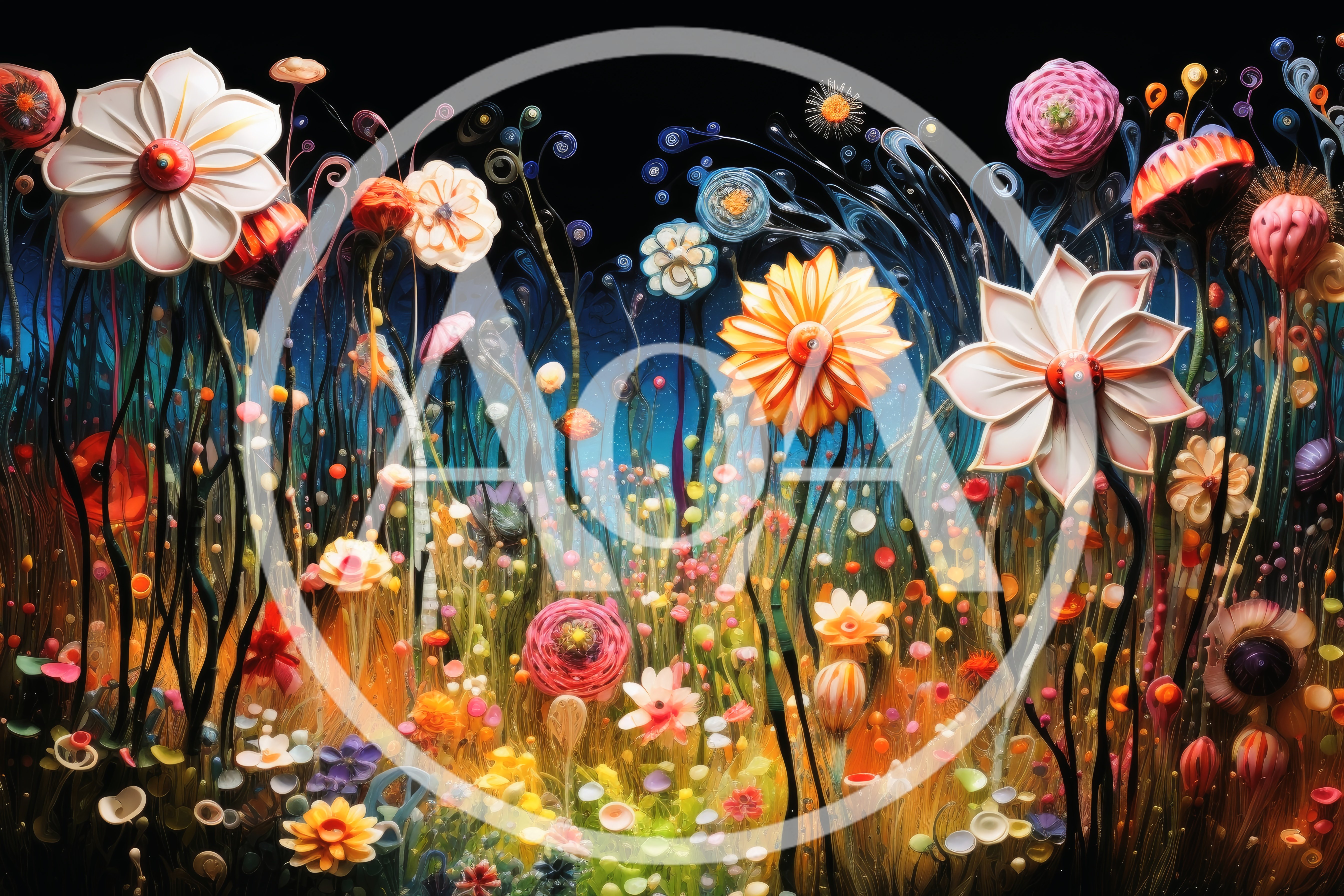 Surreal Digital Illustration Of Whimsical Glowing Garden Flowers