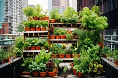Urban Rooftop Vegetable Garden With Potted Plants