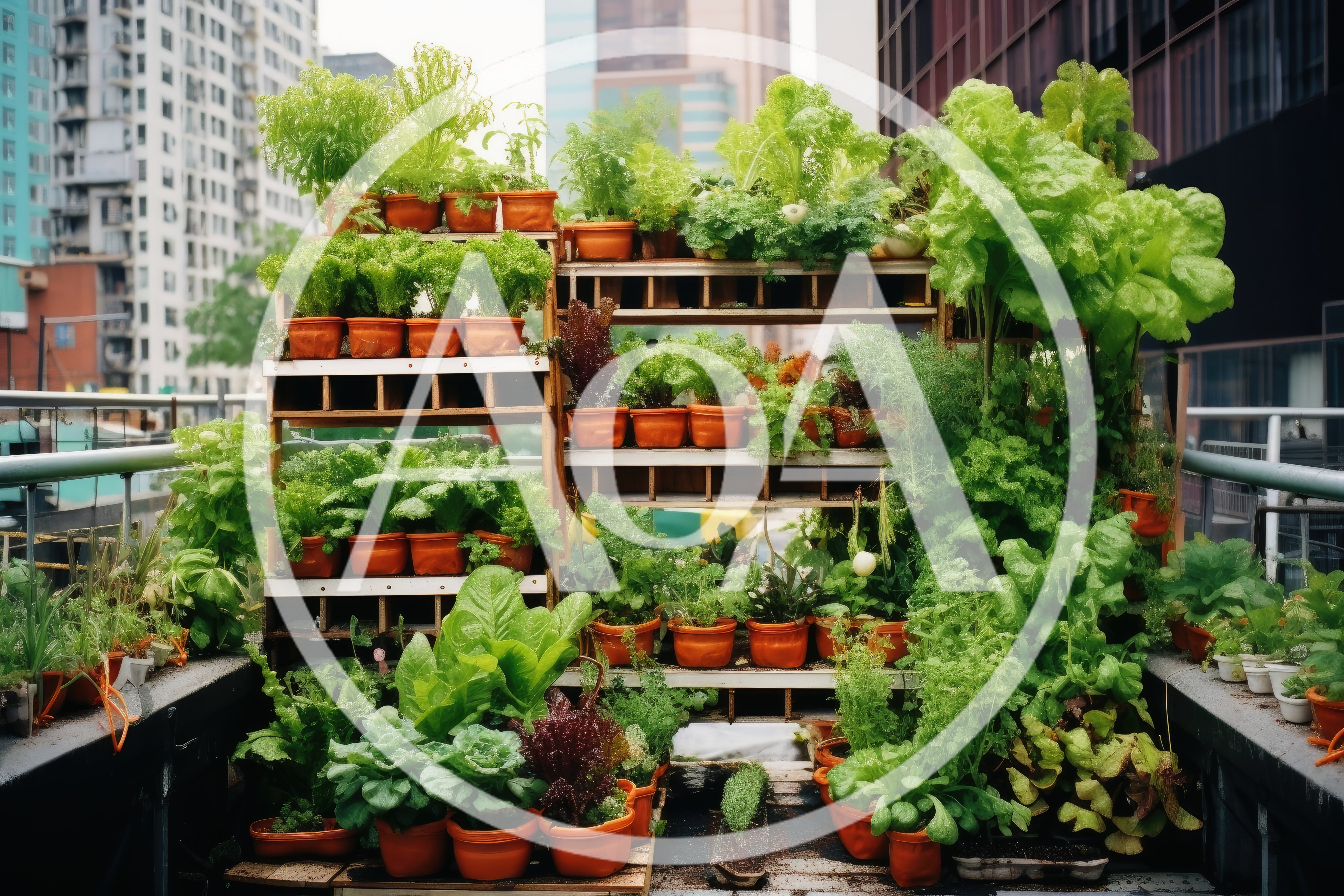 Urban Rooftop Vegetable Garden With Potted Plants