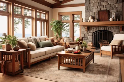 Cozy Living Room With Stone Fireplace And Large Windows