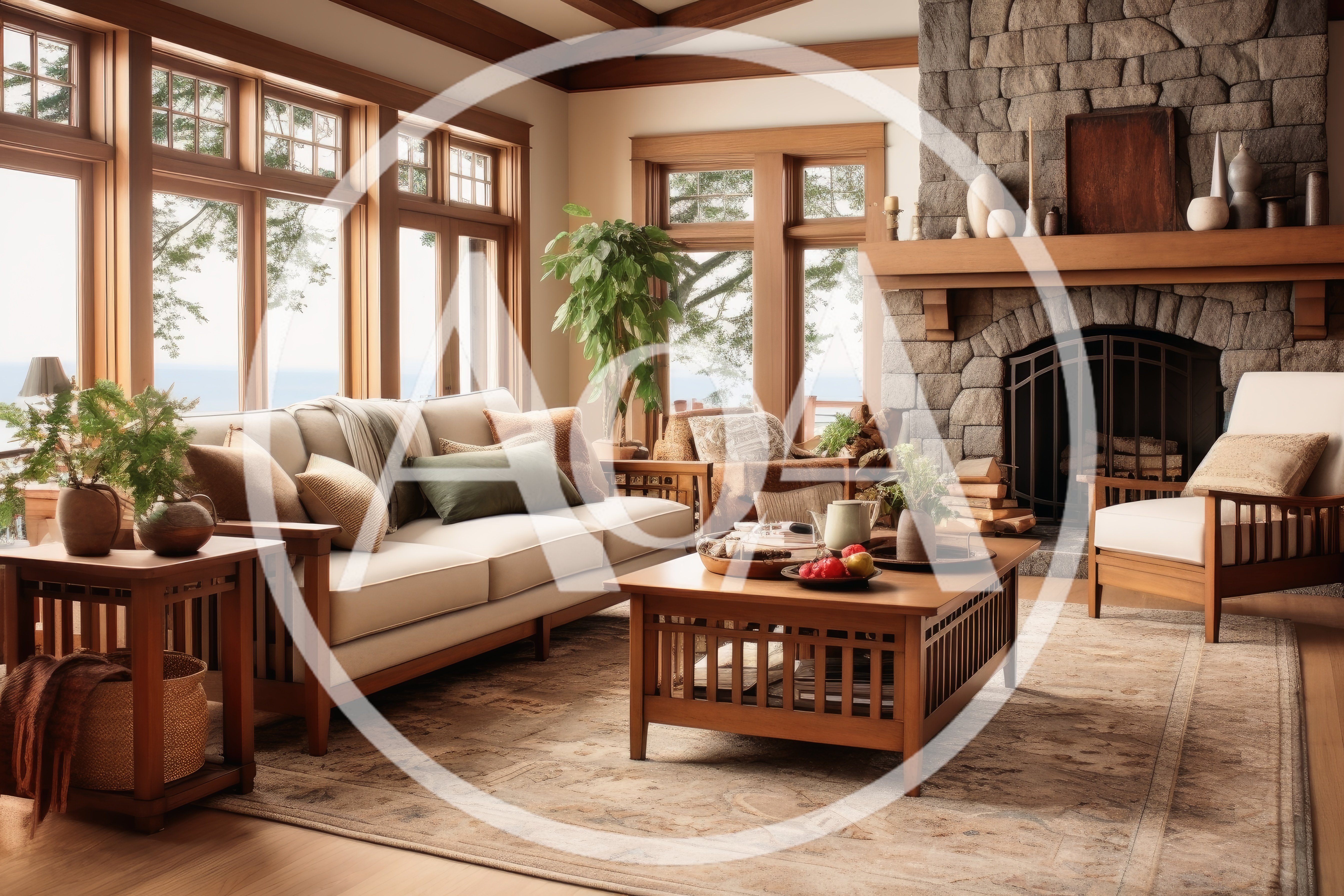Cozy Living Room With Stone Fireplace And Large Windows