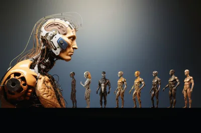 Giant Cyborg Observing A Line Of Humanoid Figures