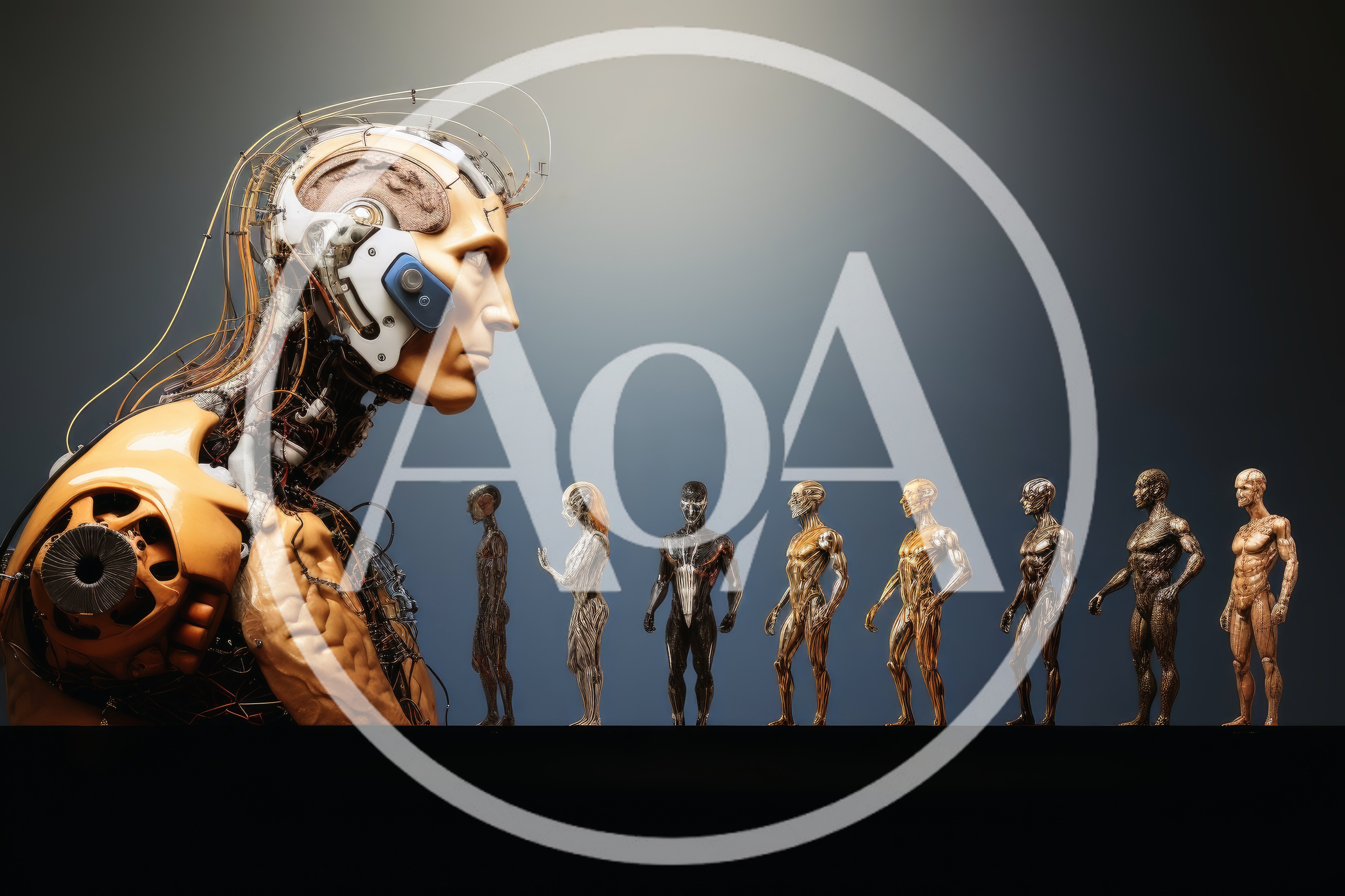 Giant Cyborg Observing A Line Of Humanoid Figures