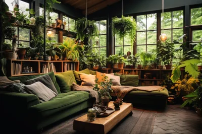 Cozy Sunroom Living Area Filled With Lush Houseplants