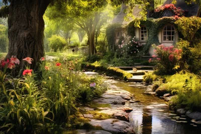 Enchanted Cottage Beside A Serene Forest Stream