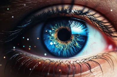 Extreme Close Up Of A Human Eye With Glowing Particles