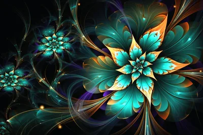 Abstract Fractal Flowers With Teal And Gold Petals