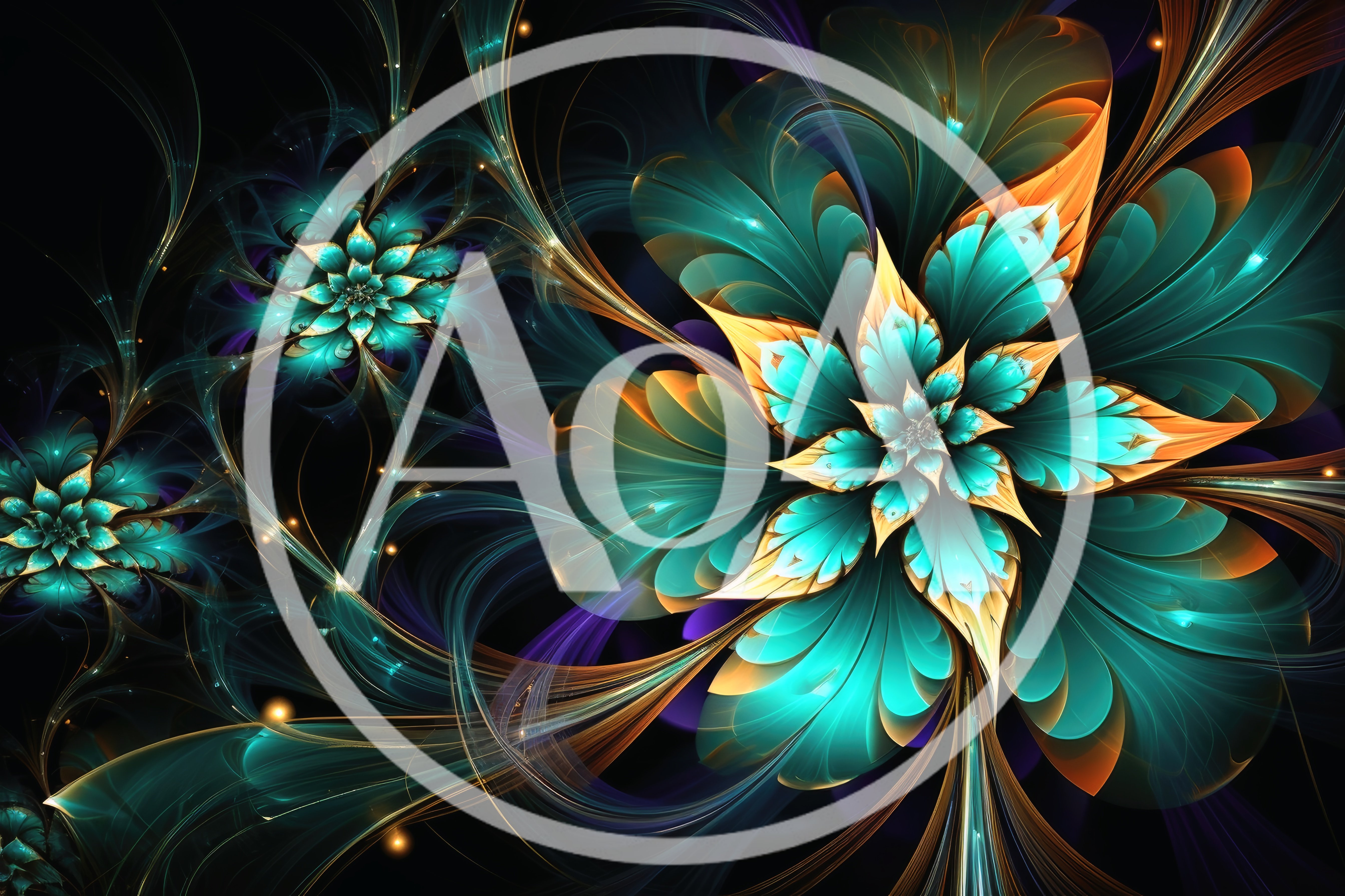 Abstract Fractal Flowers With Teal And Gold Petals