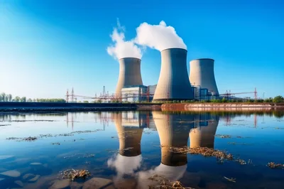 Nuclear Power Plant Cooling Towers With Water Reflection