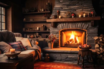 Cozy Rustic Living Room With Stone Fireplace