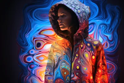 Young Woman Wearing Psychedelic Patterned Hoodie